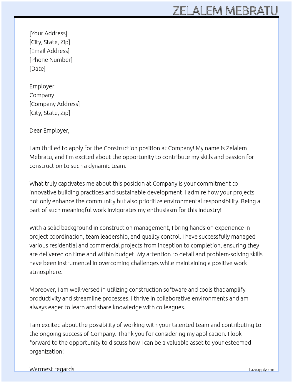 Construction At company Cover Letter