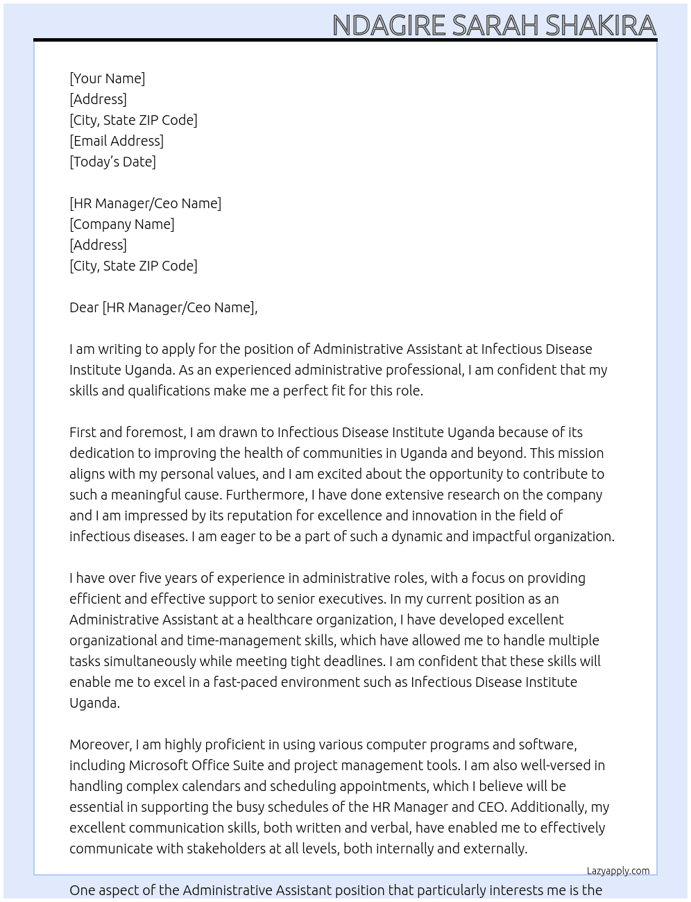 Administrative assistant  At Infectious disease insitute uganda  Cover Letter