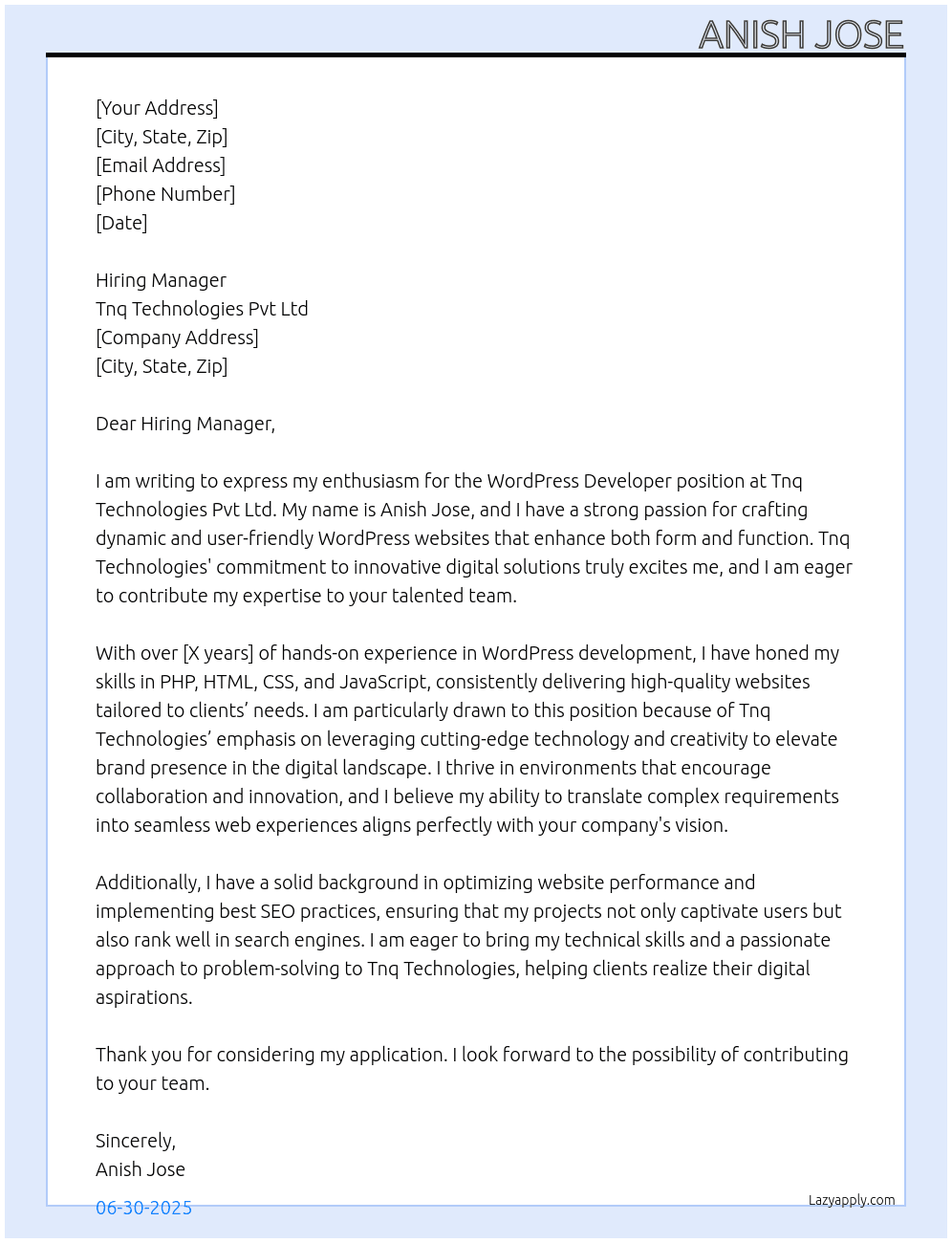 Wordpress Developer At Tnq Technologies Pvt ltd Cover Letter