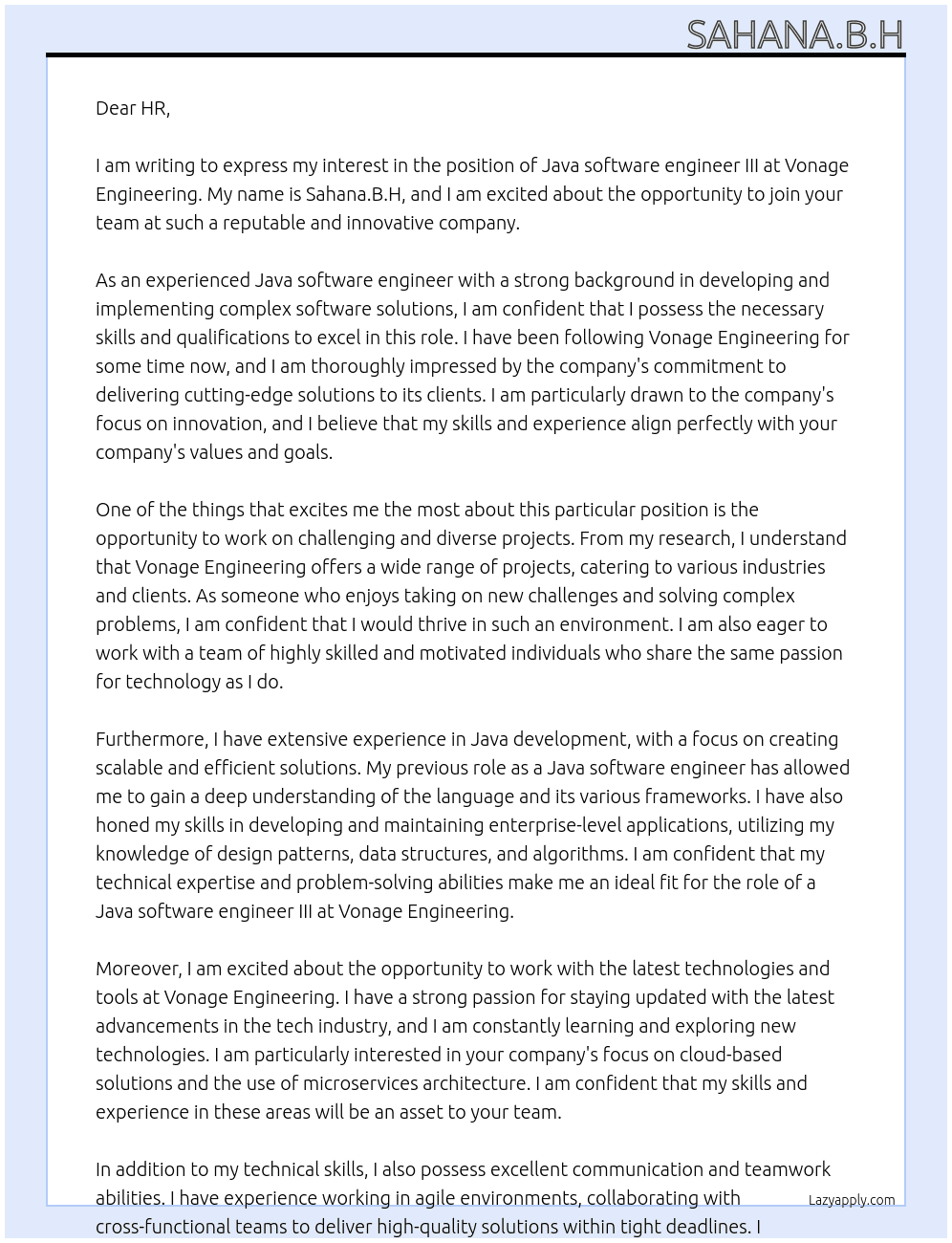 Java software engineer III At Vonage Engineering Cover Letter