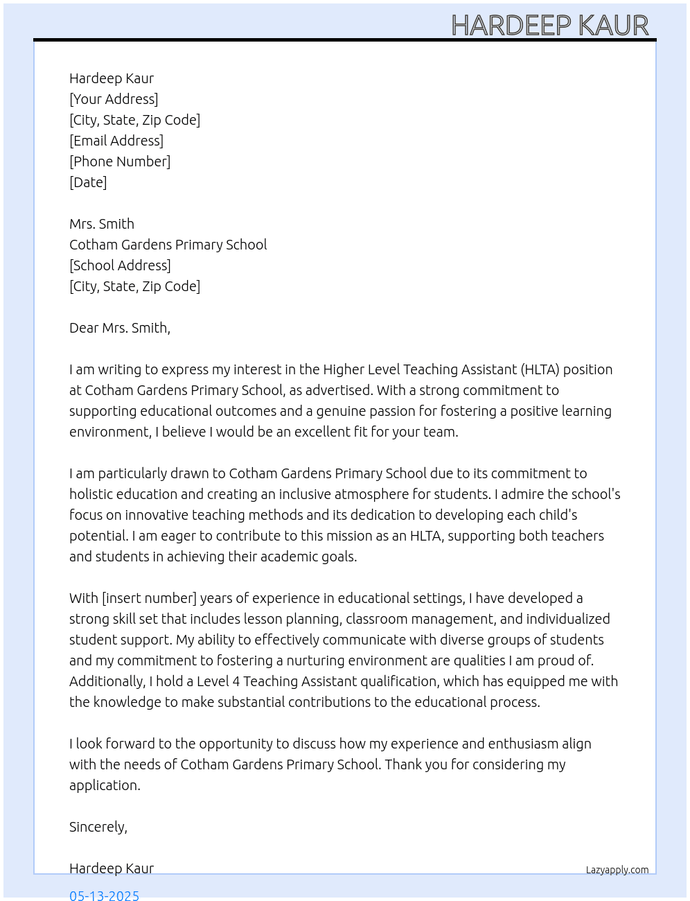 HLTA At Cotham Gardens Primary School  Cover Letter