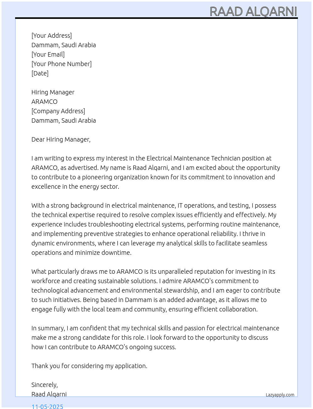 Electrical maintenance technician At ARAMCO Cover Letter