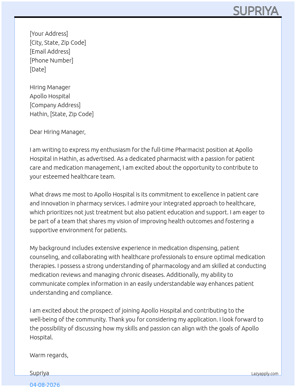 Cover letter for pharmacist - LazyApply