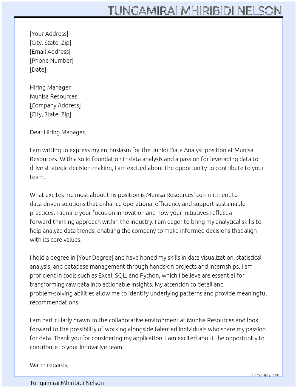 Junior Data Analyst At Munisa Resources Cover Letter