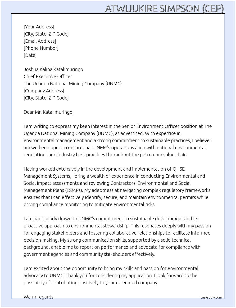Cover letter for senior environment officer - LazyApply