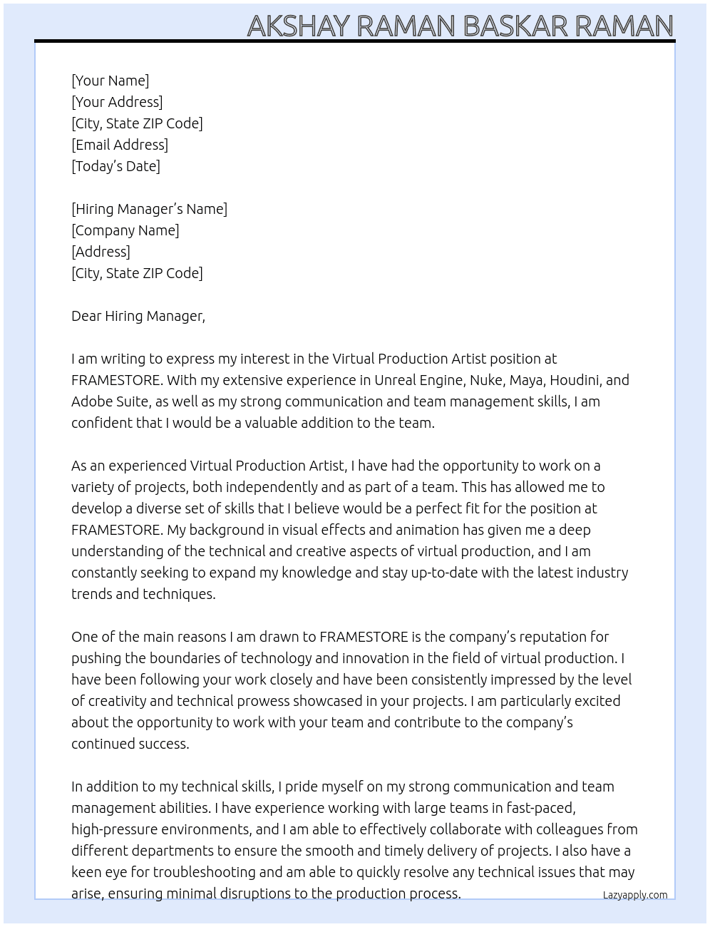 virtual production artist At FRAMESTORE Cover Letter
