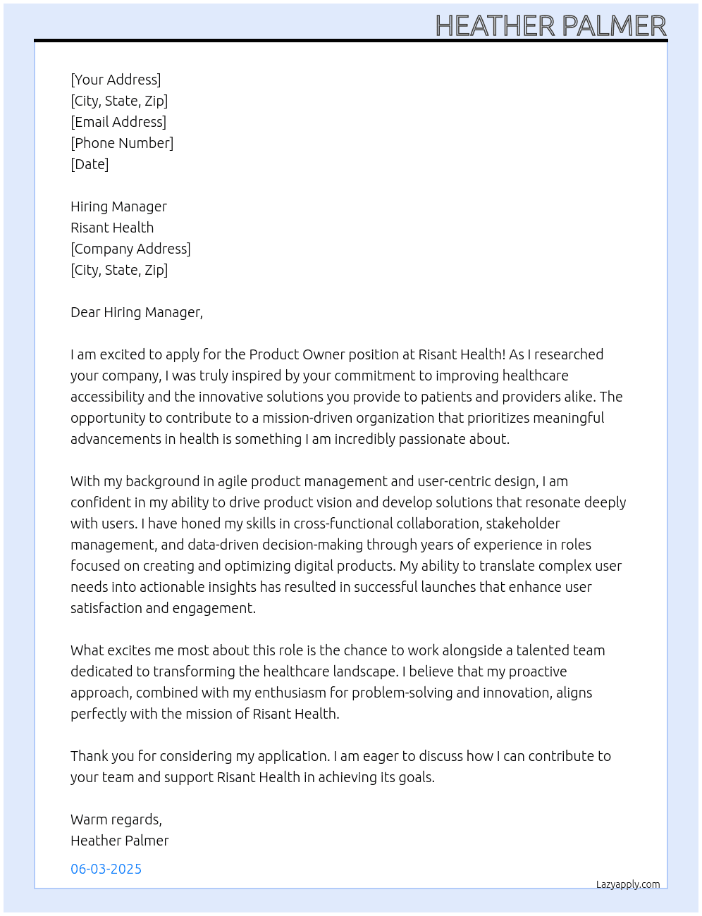 Product Owner At Risant Health Cover Letter