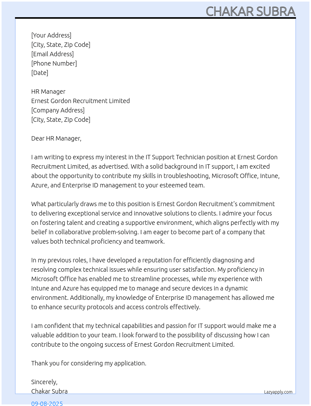 IT Support Technician At Ernest Gordon Recruitment Limited Cover Letter