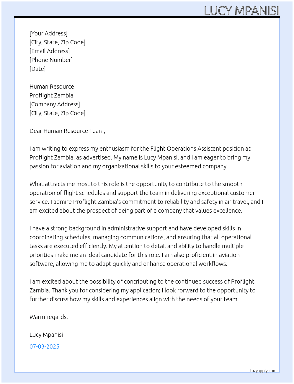 Cover letter for flight operations assistant - LazyApply
