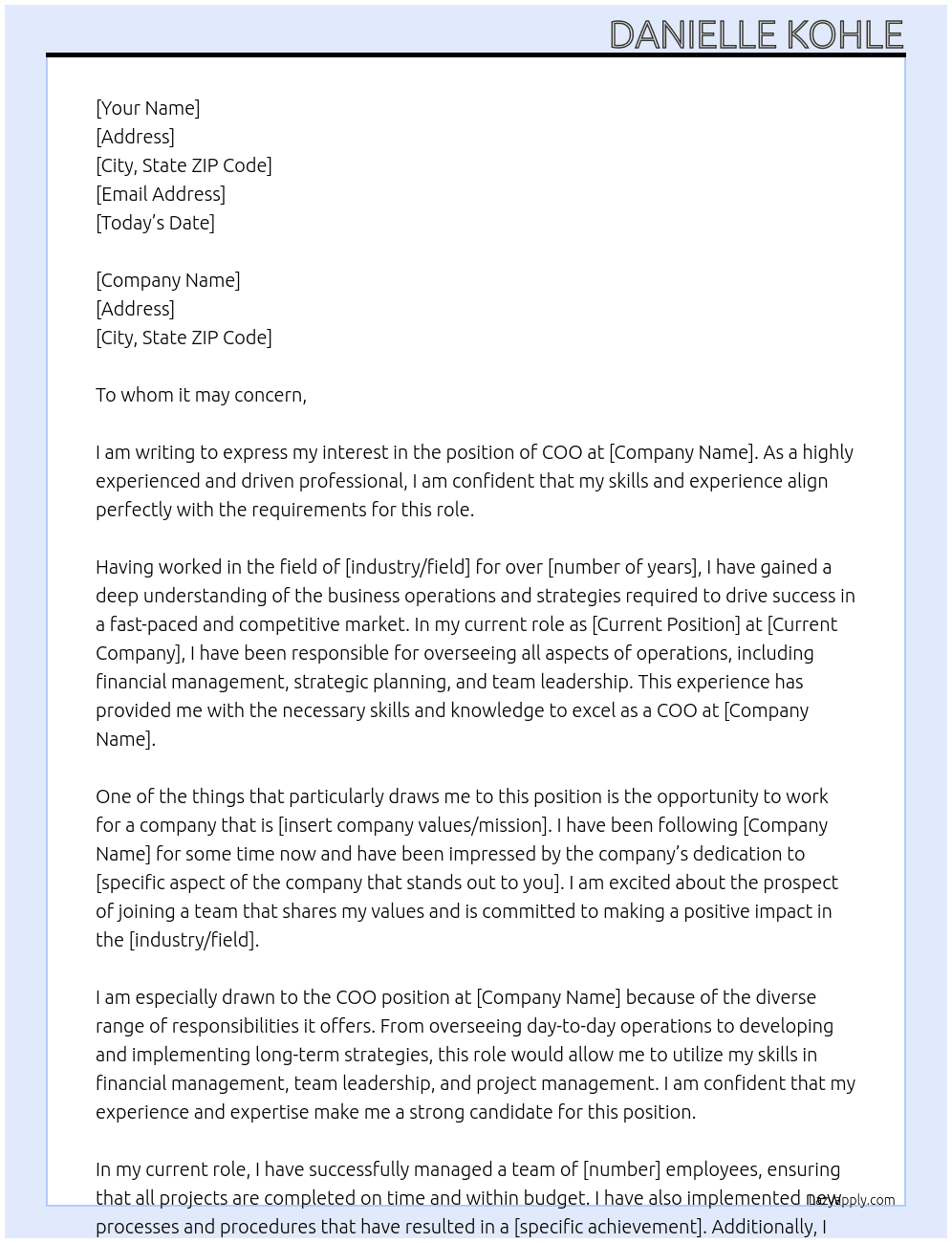 COO At To whom it may concern Cover Letter
