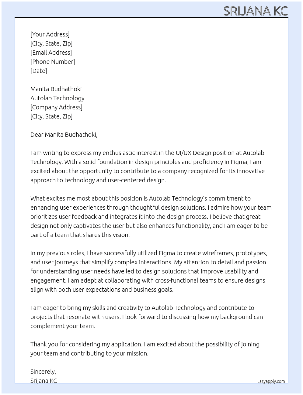 UI UX Design  At Autolab technology  Cover Letter