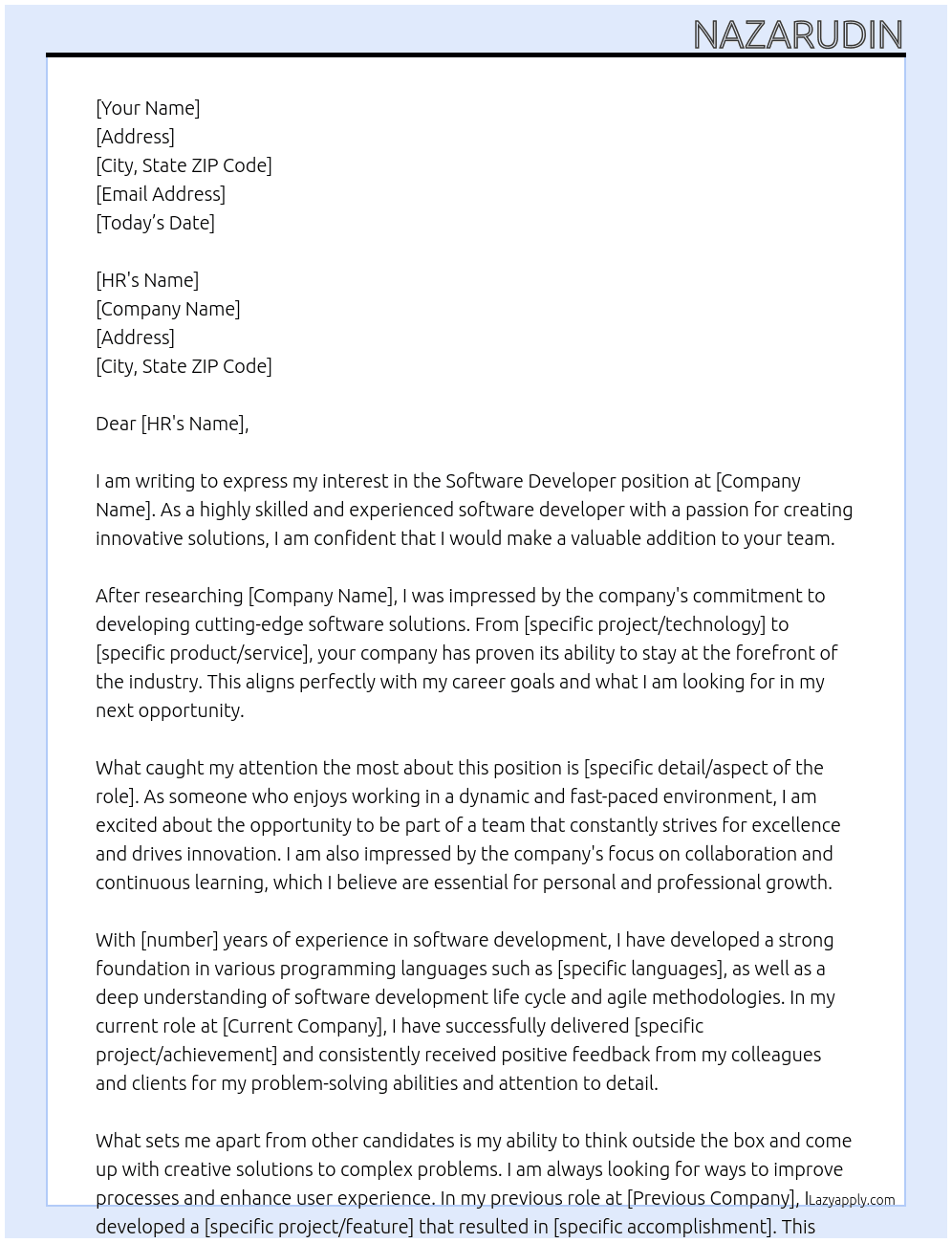 Software Developer At ZZZZZ Cover Letter