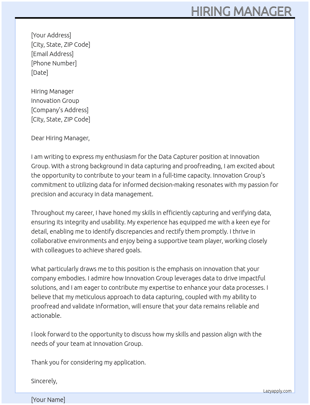 Data capturer  At Innovation group  Cover Letter