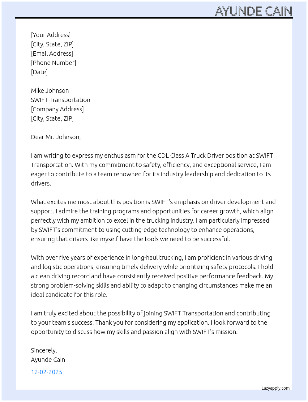 Cover letter for cdl class a truck driver - LazyApply