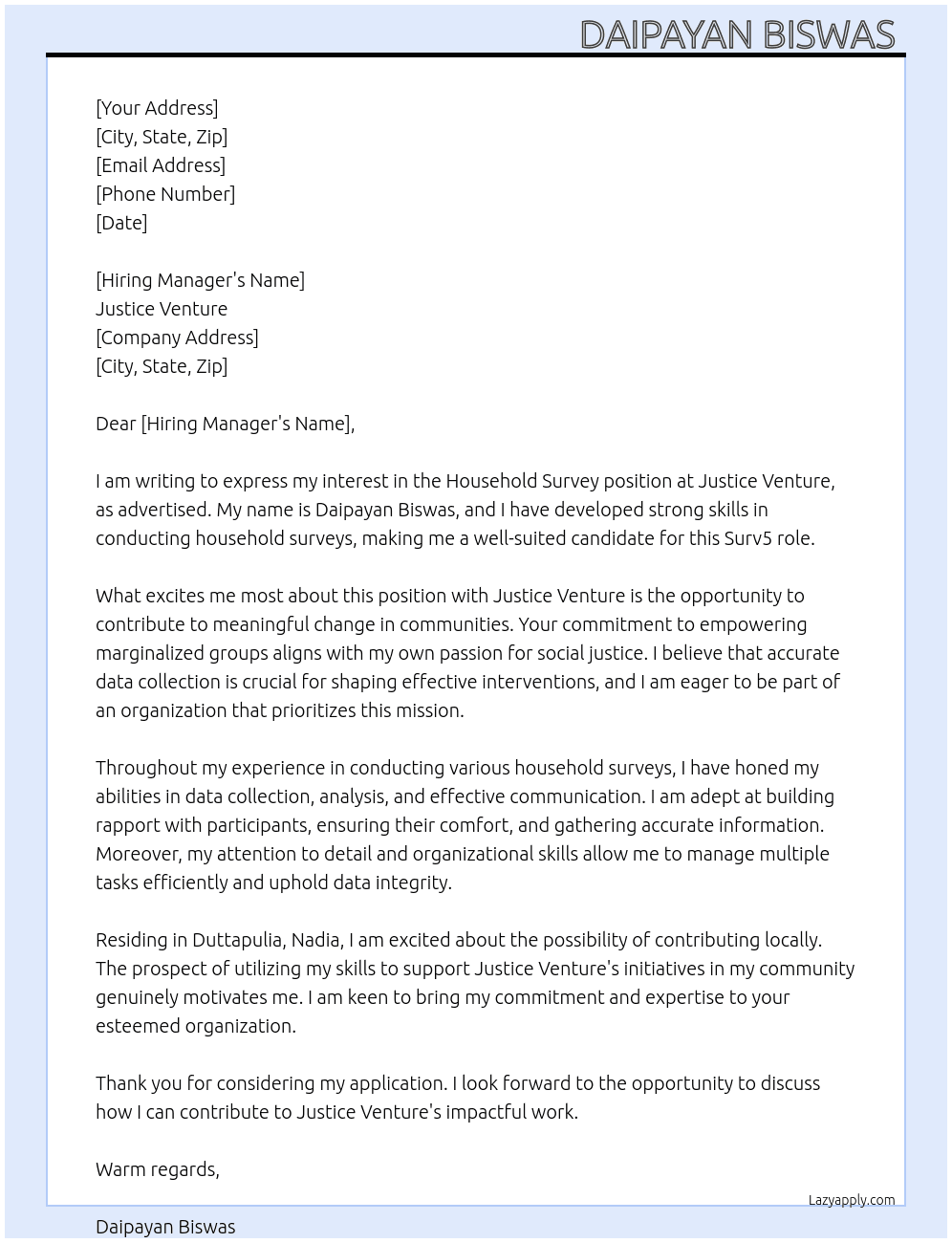 Household survey At Justice venture Cover Letter