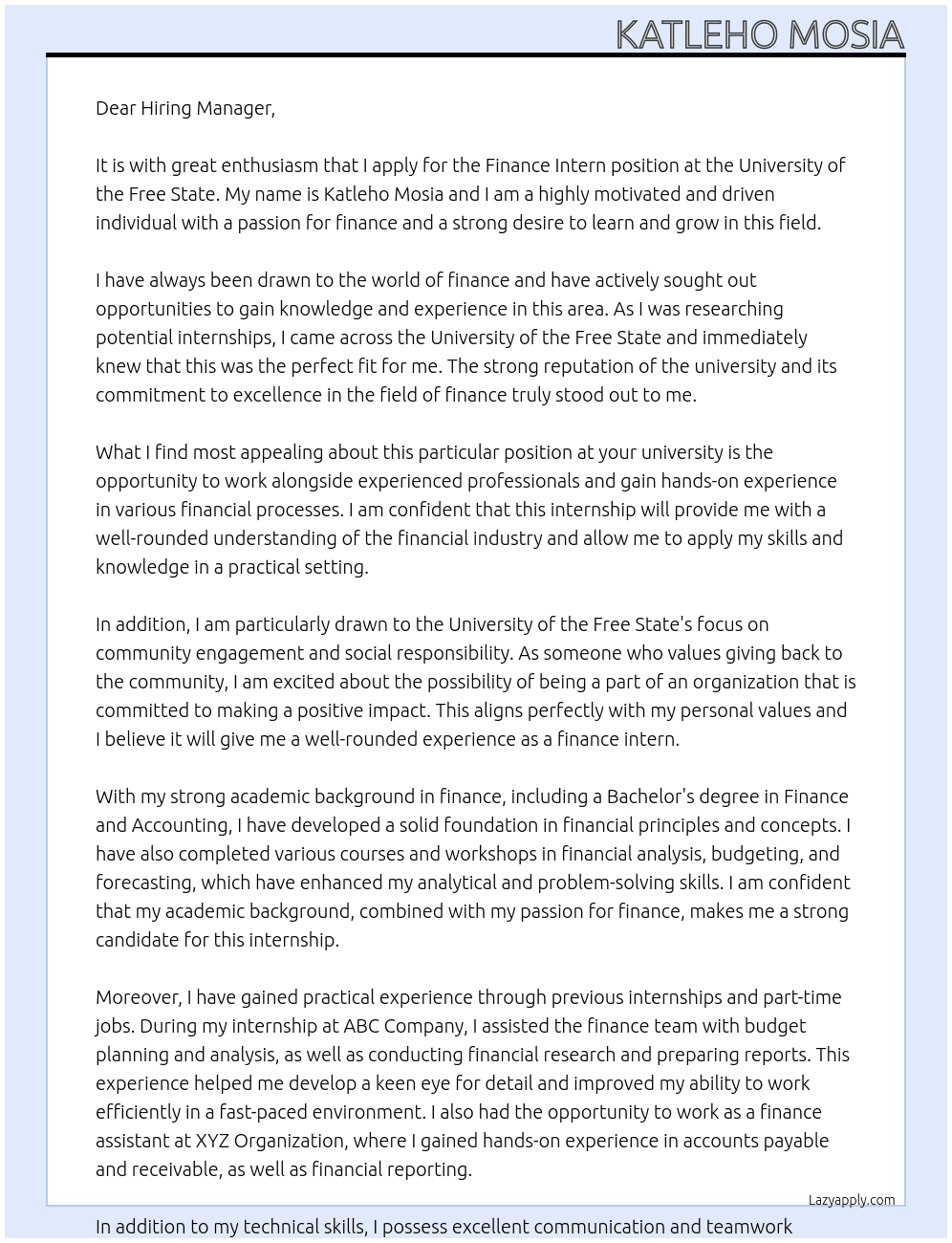 finance intern At university of the free state Cover Letter
