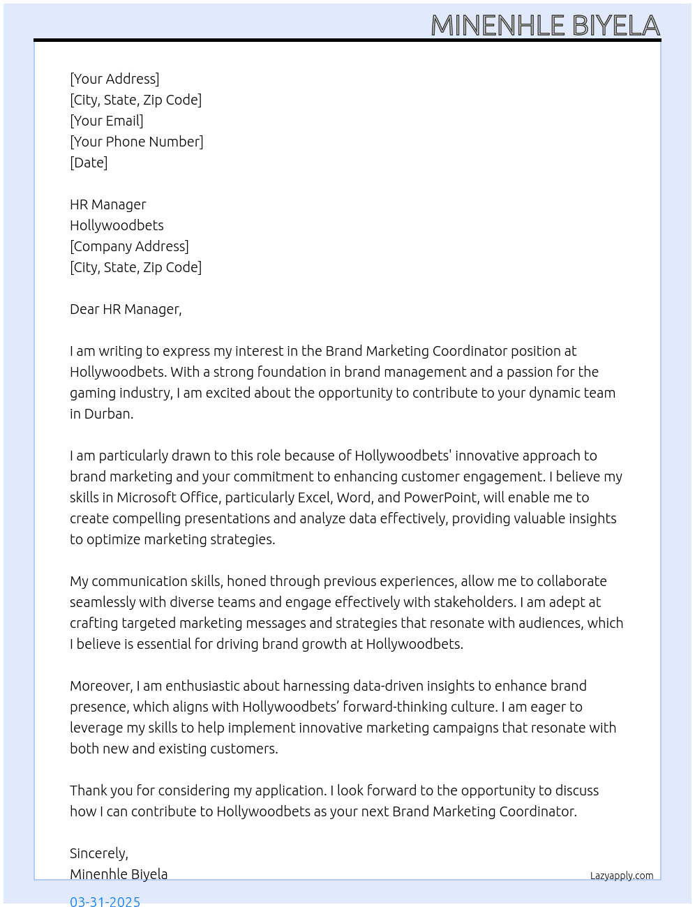 Brand Marketing Coordinator At Hollywoodbets Cover Letter