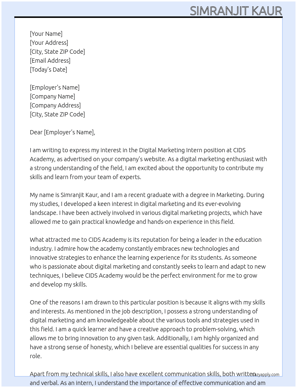 Digital marketing intern At CIDS Academy  Cover Letter