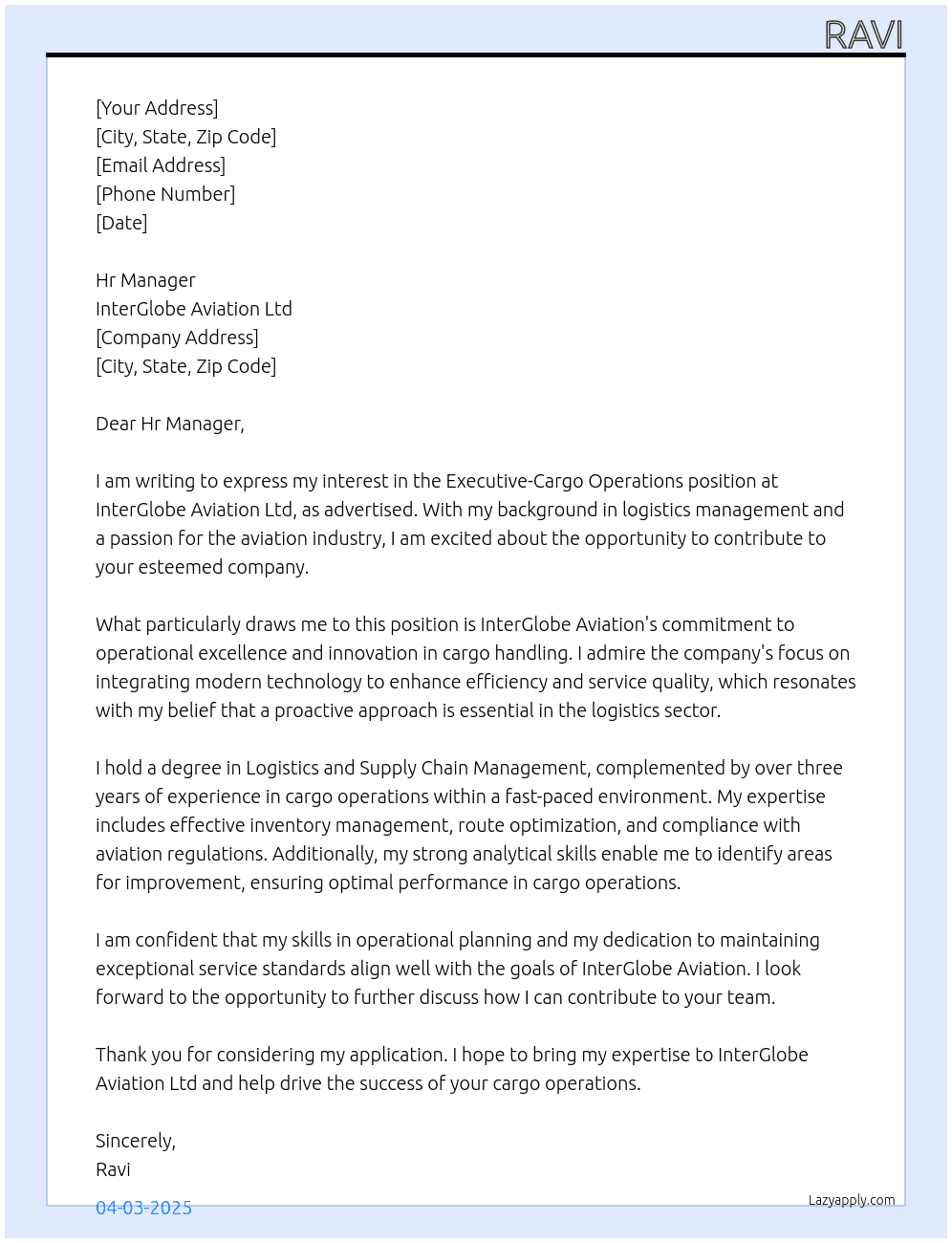 Executive-Cargo Operations At InterGlobe Aviation Ltd Cover Letter