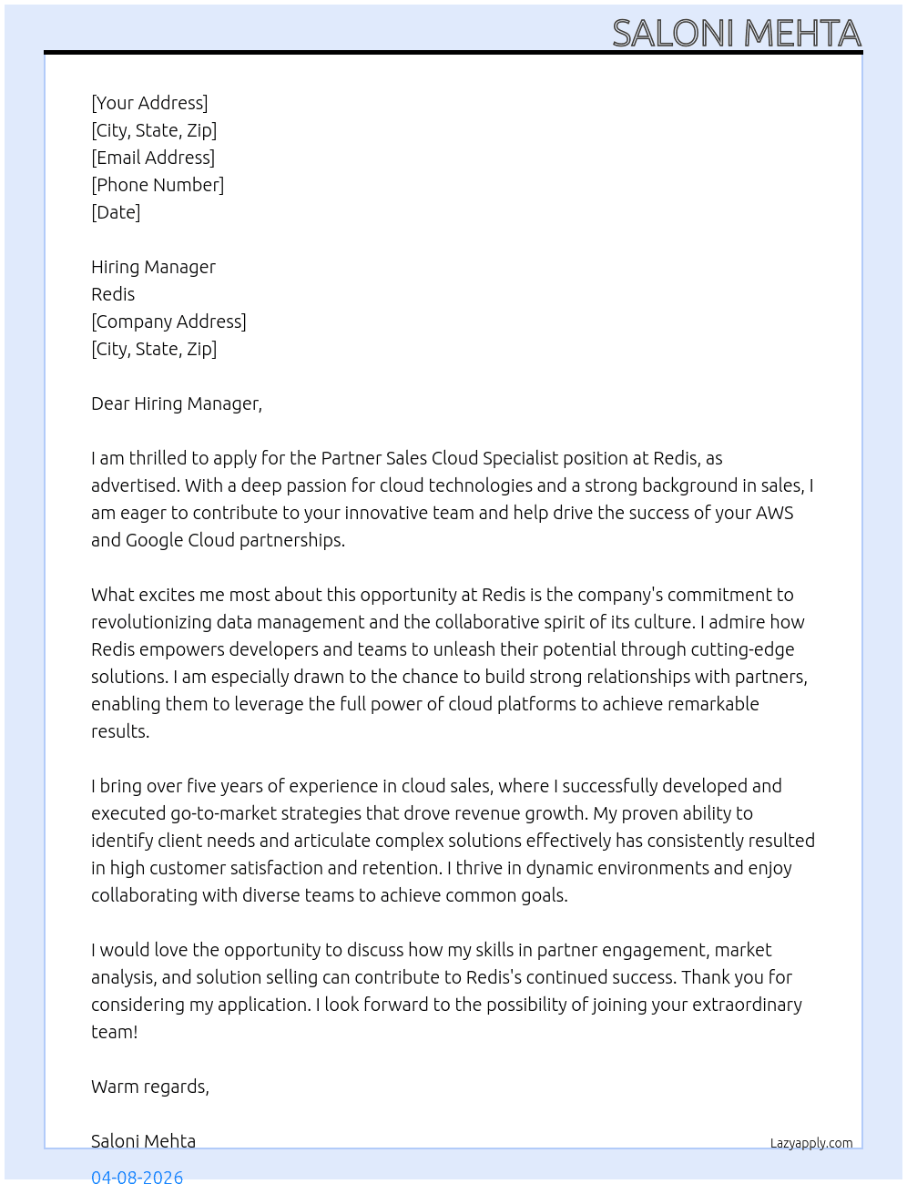 Partner Sales Cloud Specialist – AWS & Google Cloud At Redis Cover Letter