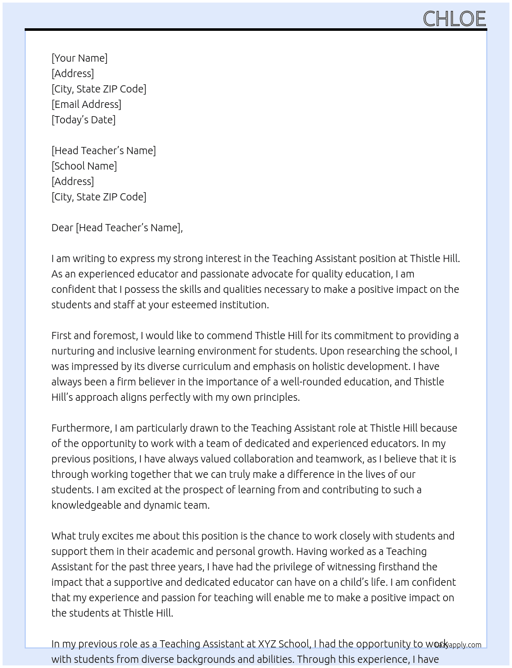 Teaching assistant  At Thistle hill Cover Letter