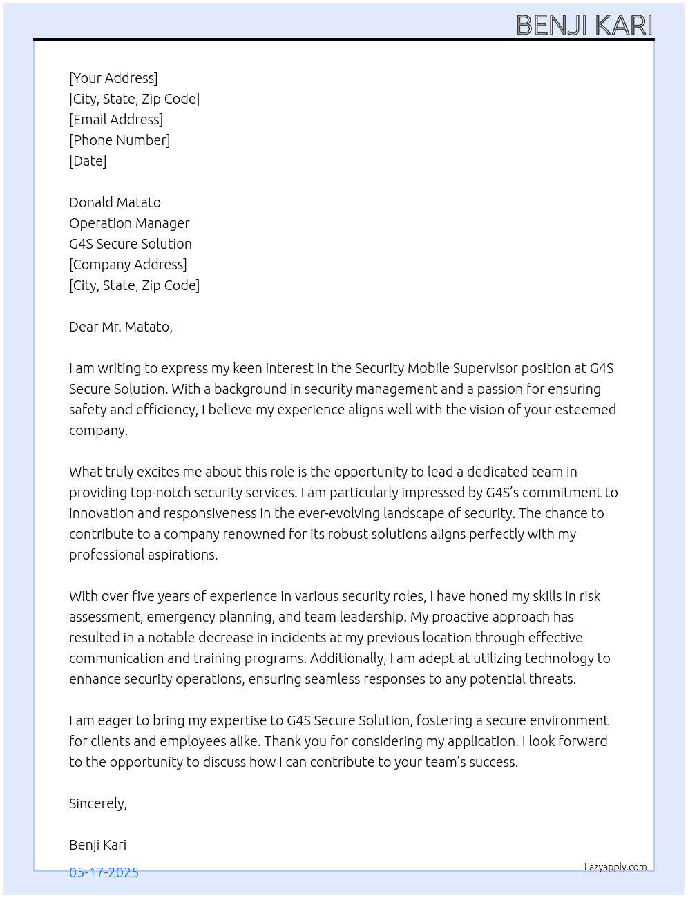 Cover letter for security mobile supervisor - LazyApply