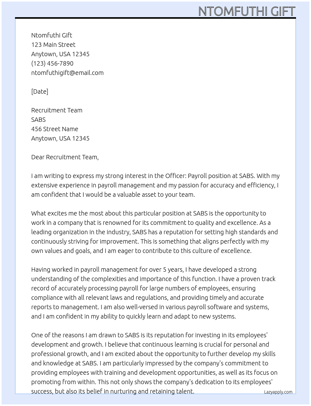 Officer: Payroll At SABS Cover Letter