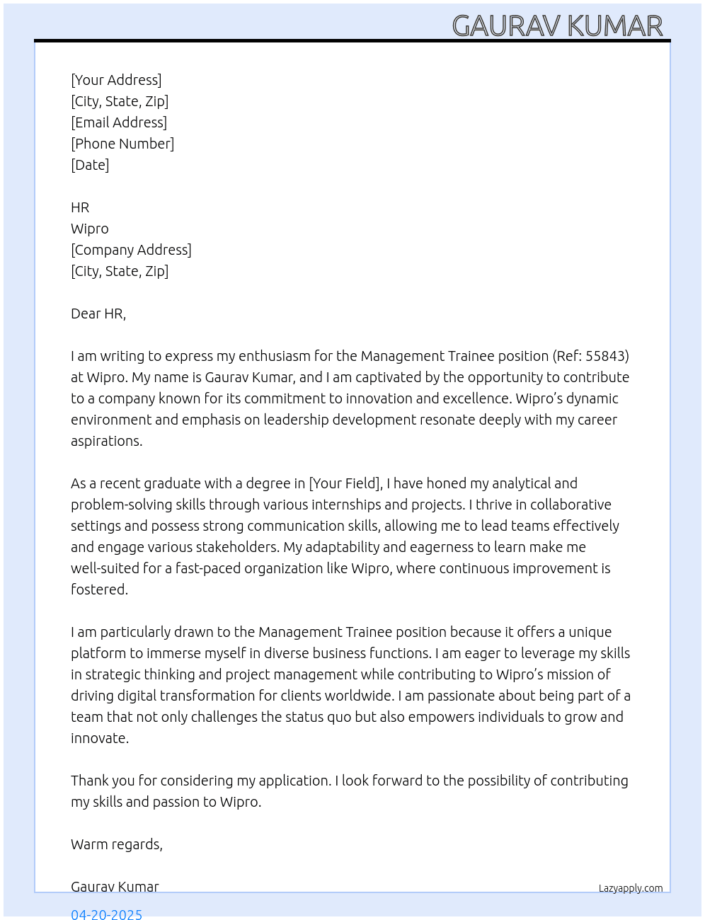 Cover letter for management trainee/55843 - LazyApply