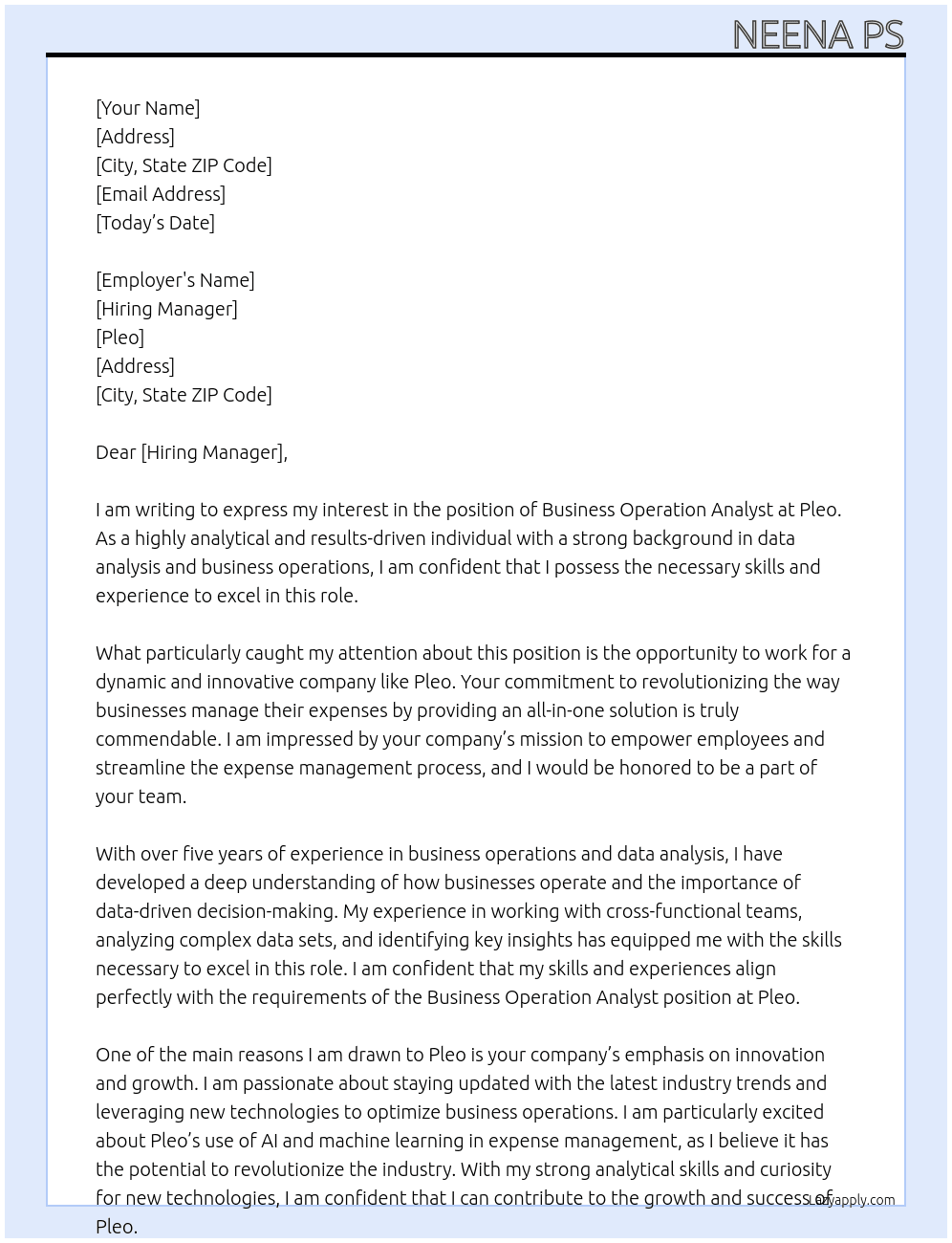 business operation analyst At pleo Cover Letter