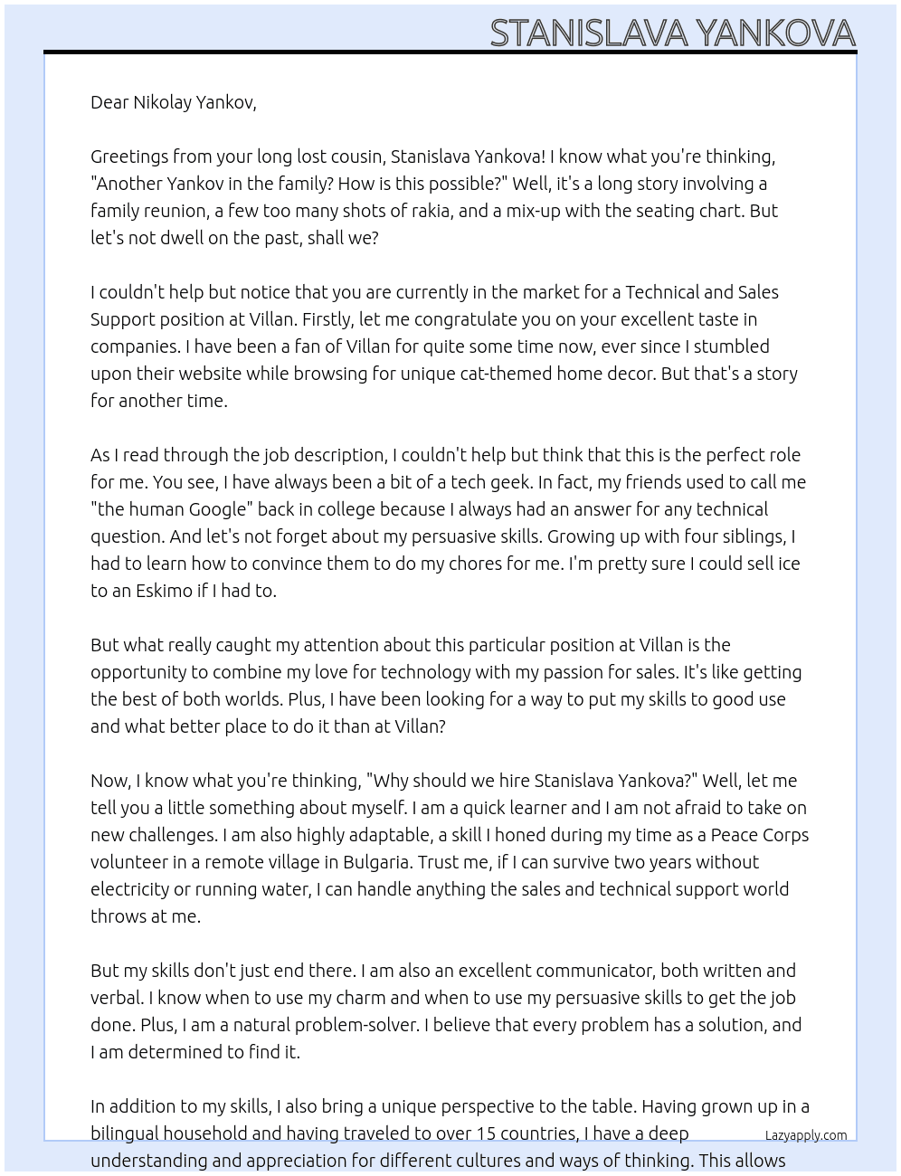 Technical and Sales Support  At Villan  Cover Letter