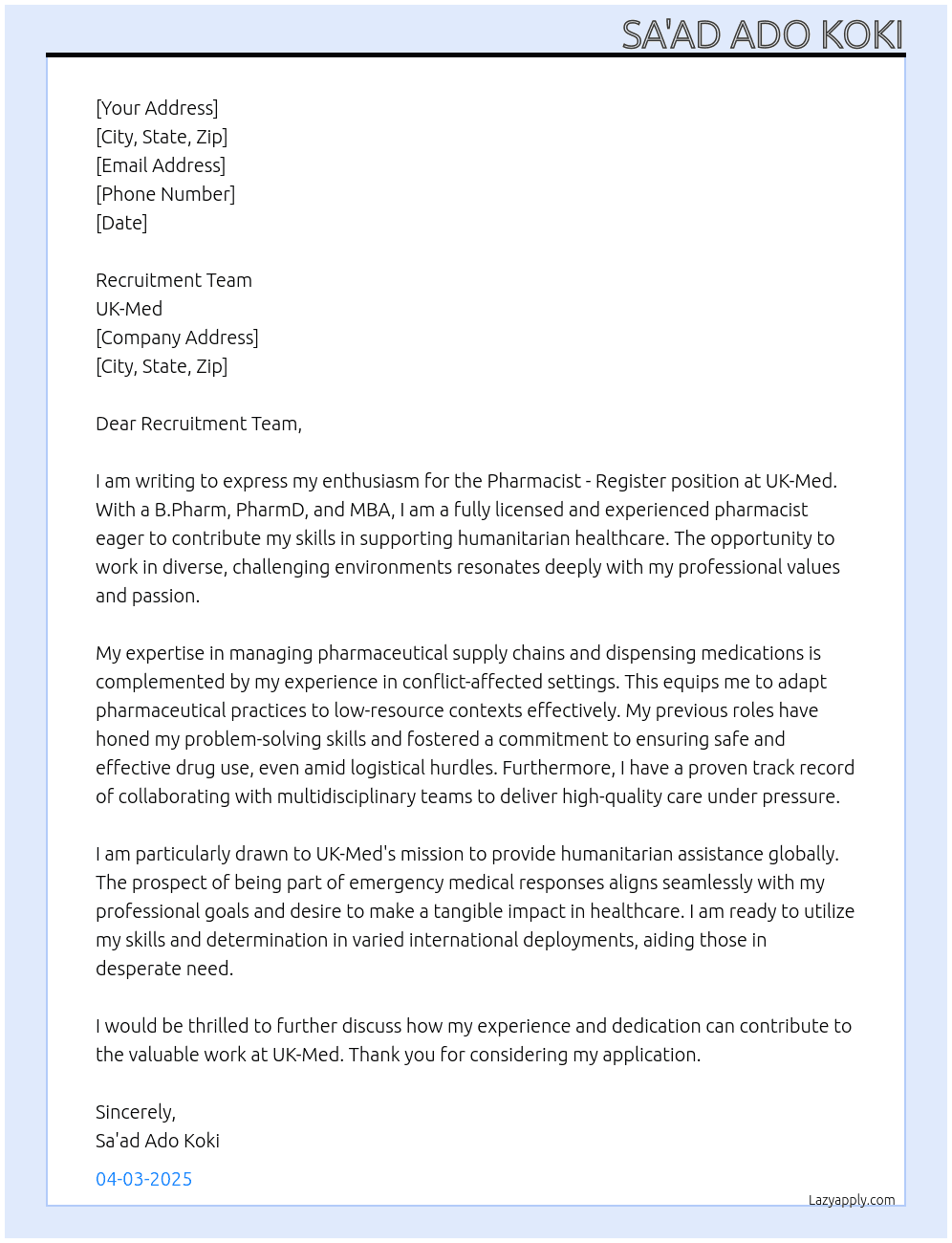 Pharmacists - Register At UK-Med Cover Letter