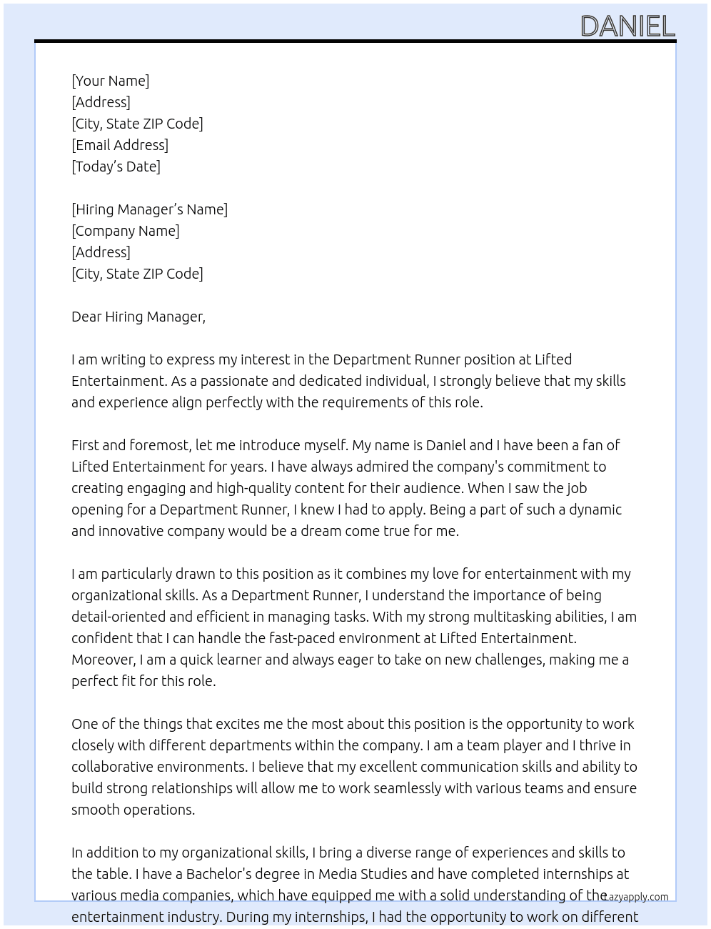 Department Runner At Lifted Entertainment Cover Letter