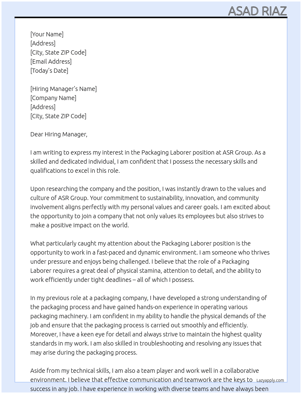 Packaging Laborer At ASR Group Cover Letter