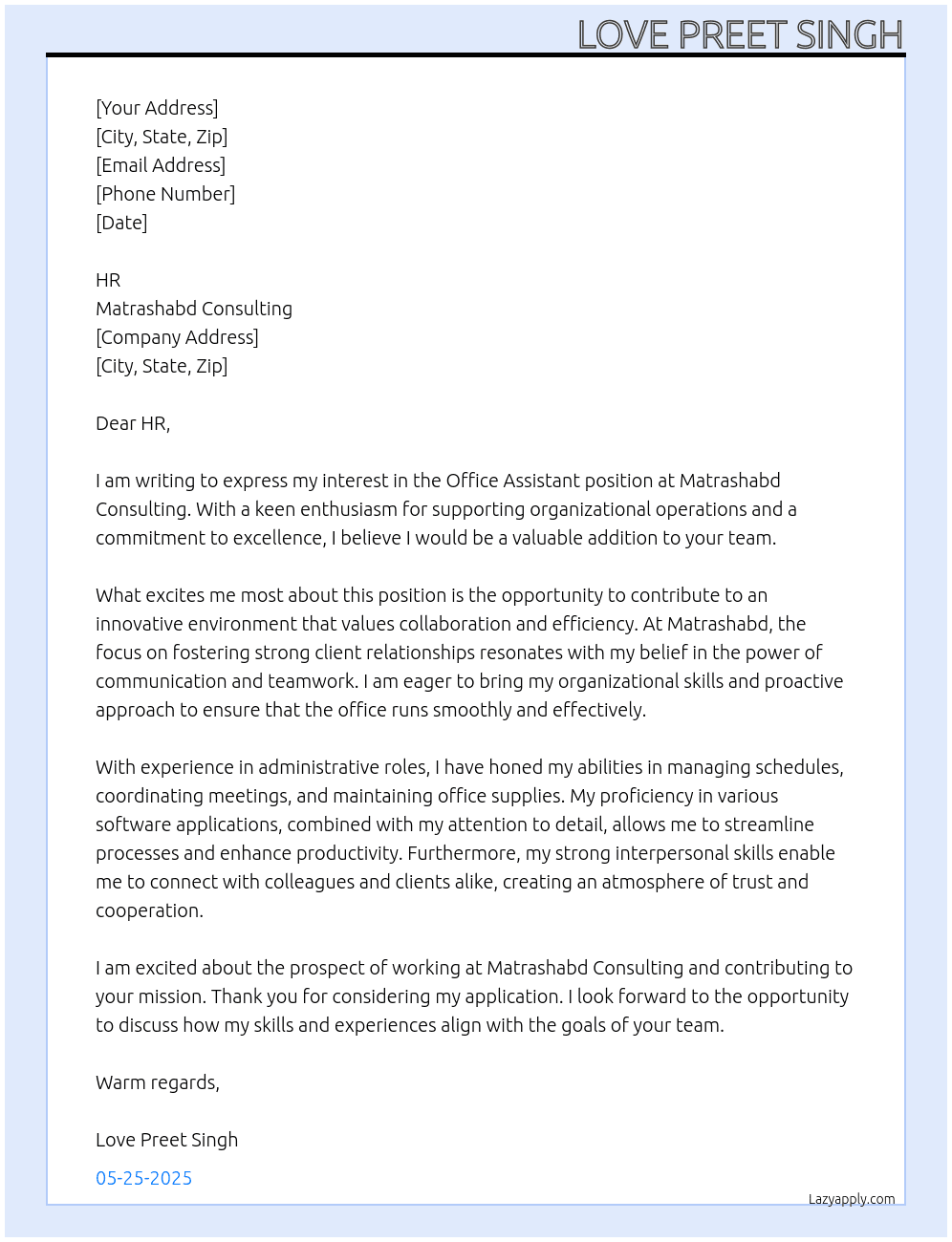Office assistant At Matrashabd consulting  Cover Letter