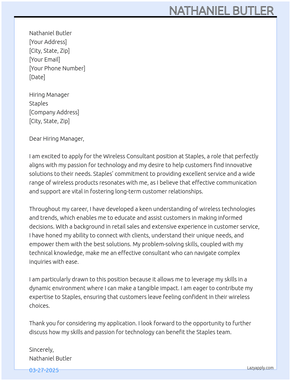 Wireless Consultant  At Staples  Cover Letter