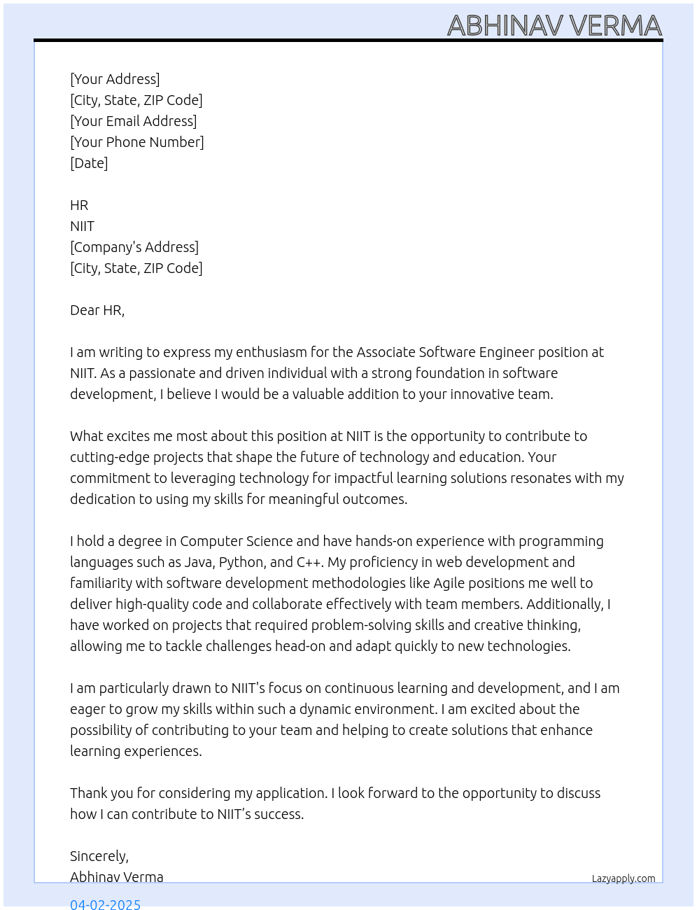 Associate Software Engineer At NIIT Cover Letter