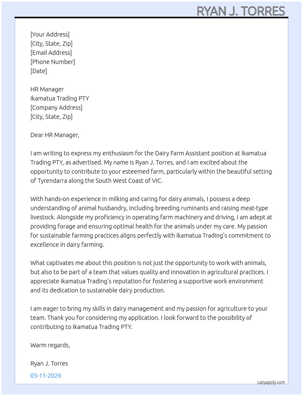 Dairy Farm Assistant At Ikamatua trading PTY  Cover Letter