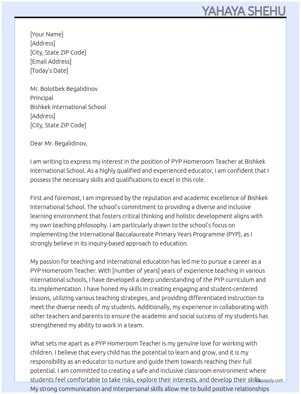 PYP Homeroom Teacher At Bishkek International School Cover Letter