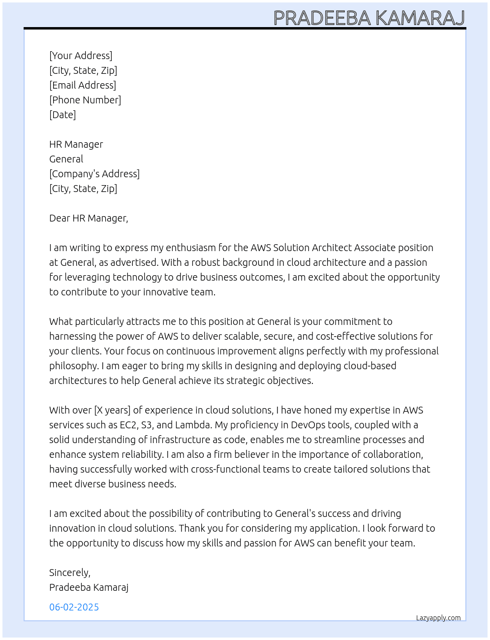 Cover letter for aws solution architect associate - LazyApply