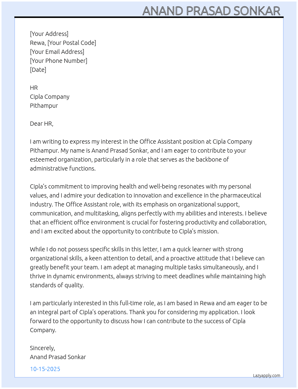 Office assistant At Cipla Company Pithampur Cover Letter