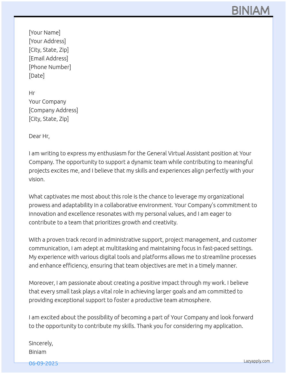 General virtual assistant  At Your company  Cover Letter