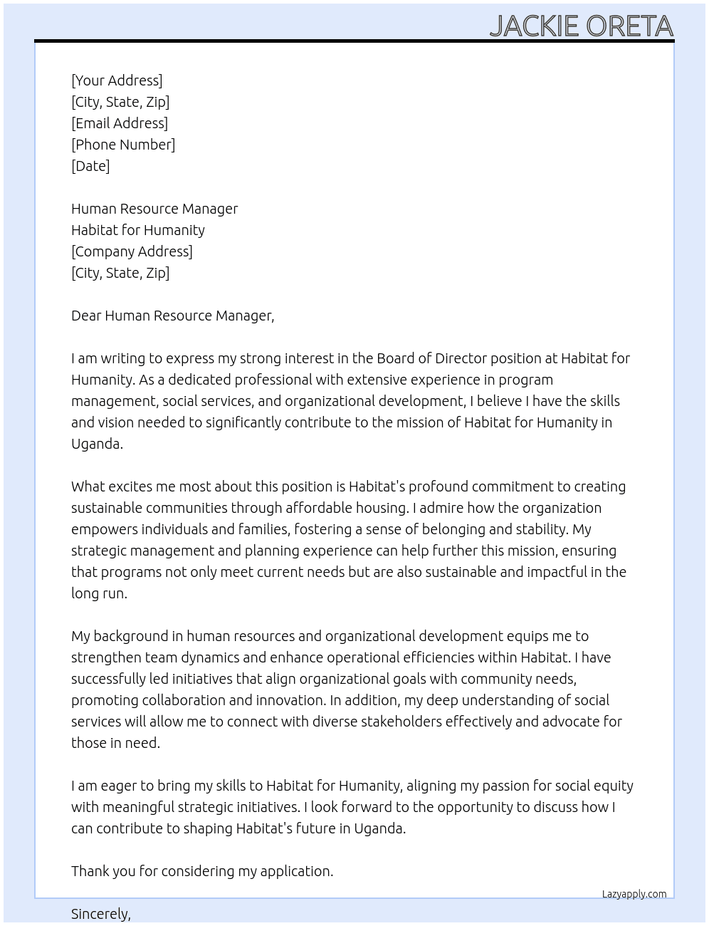 Board of Director At Habitat for Humanity Cover Letter