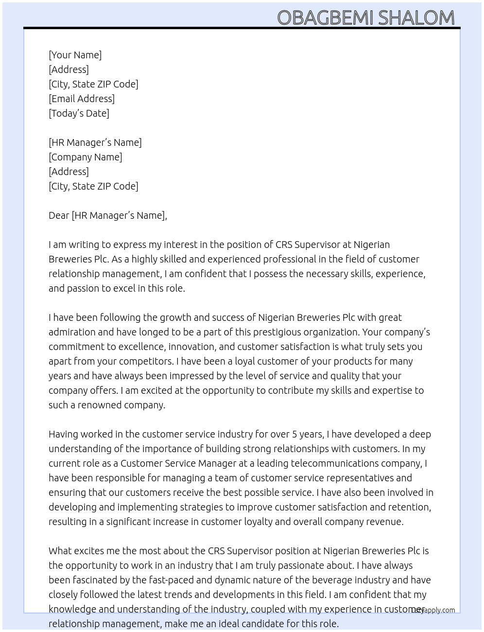 (CRS)supervisor  At Nigerian breweries plc Cover Letter
