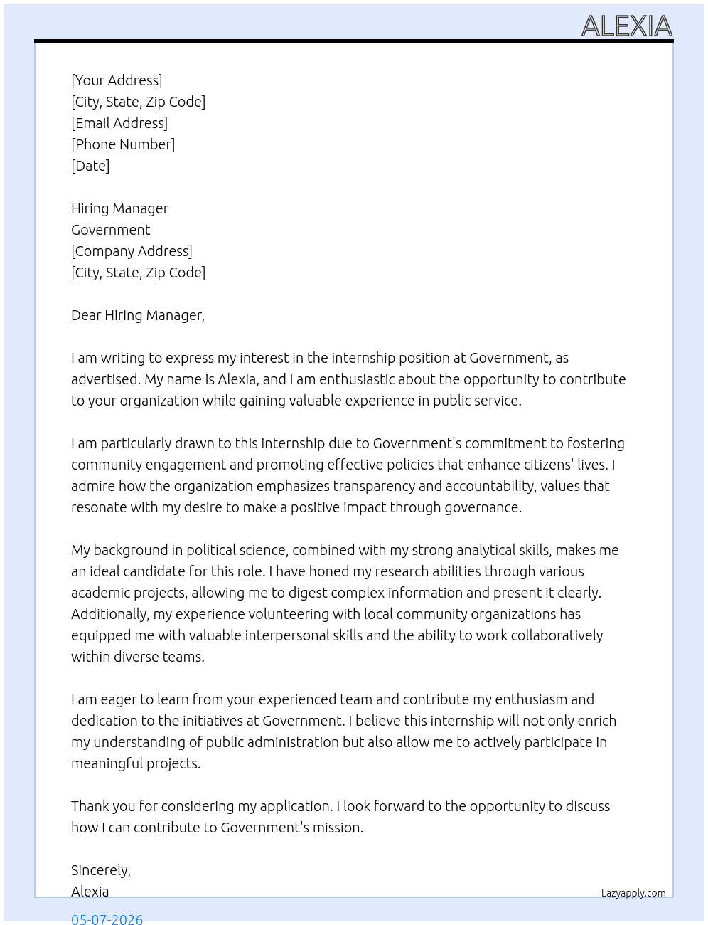 intership governament  At governmanet Cover Letter