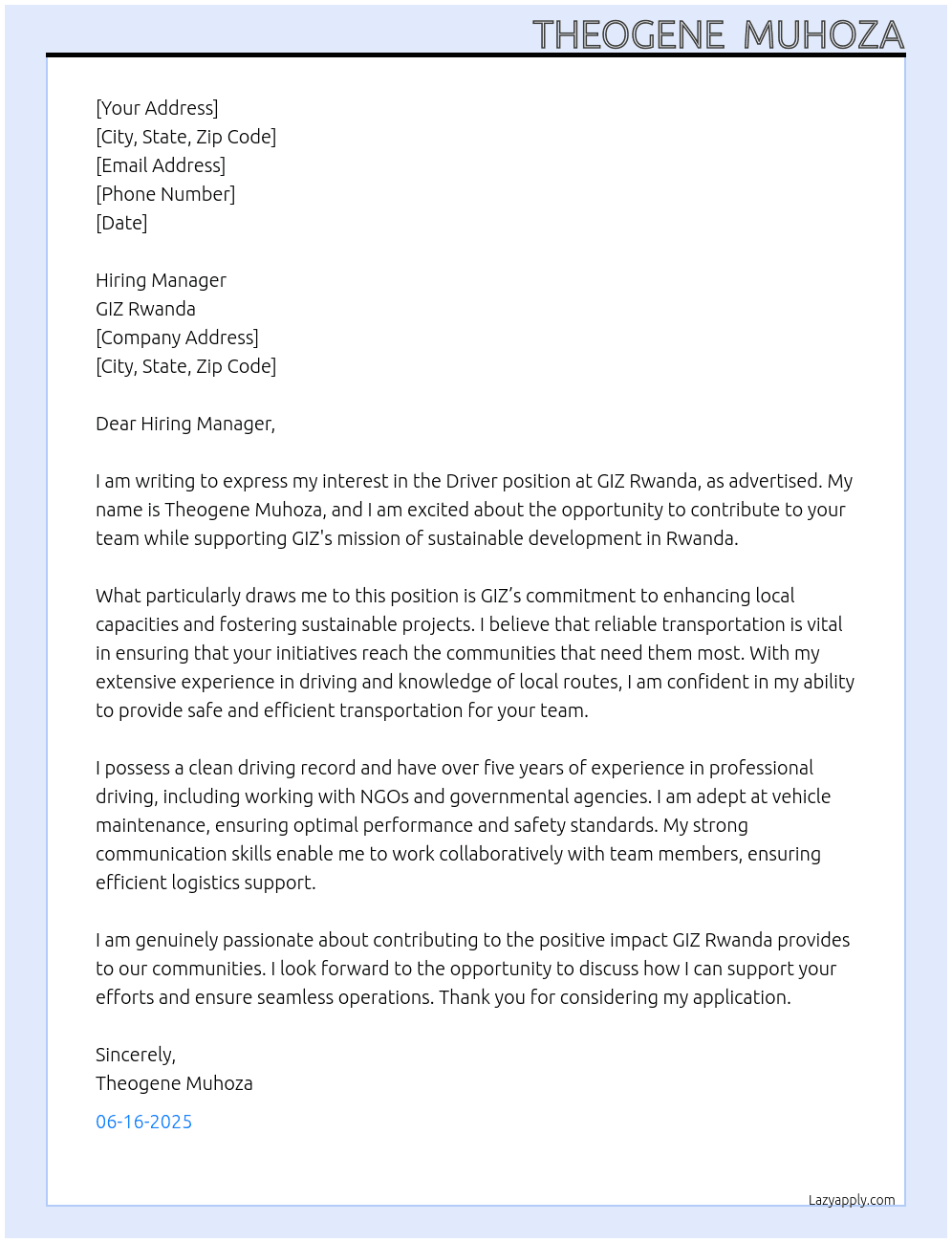 Driver At GIZ Rwanda Cover Letter