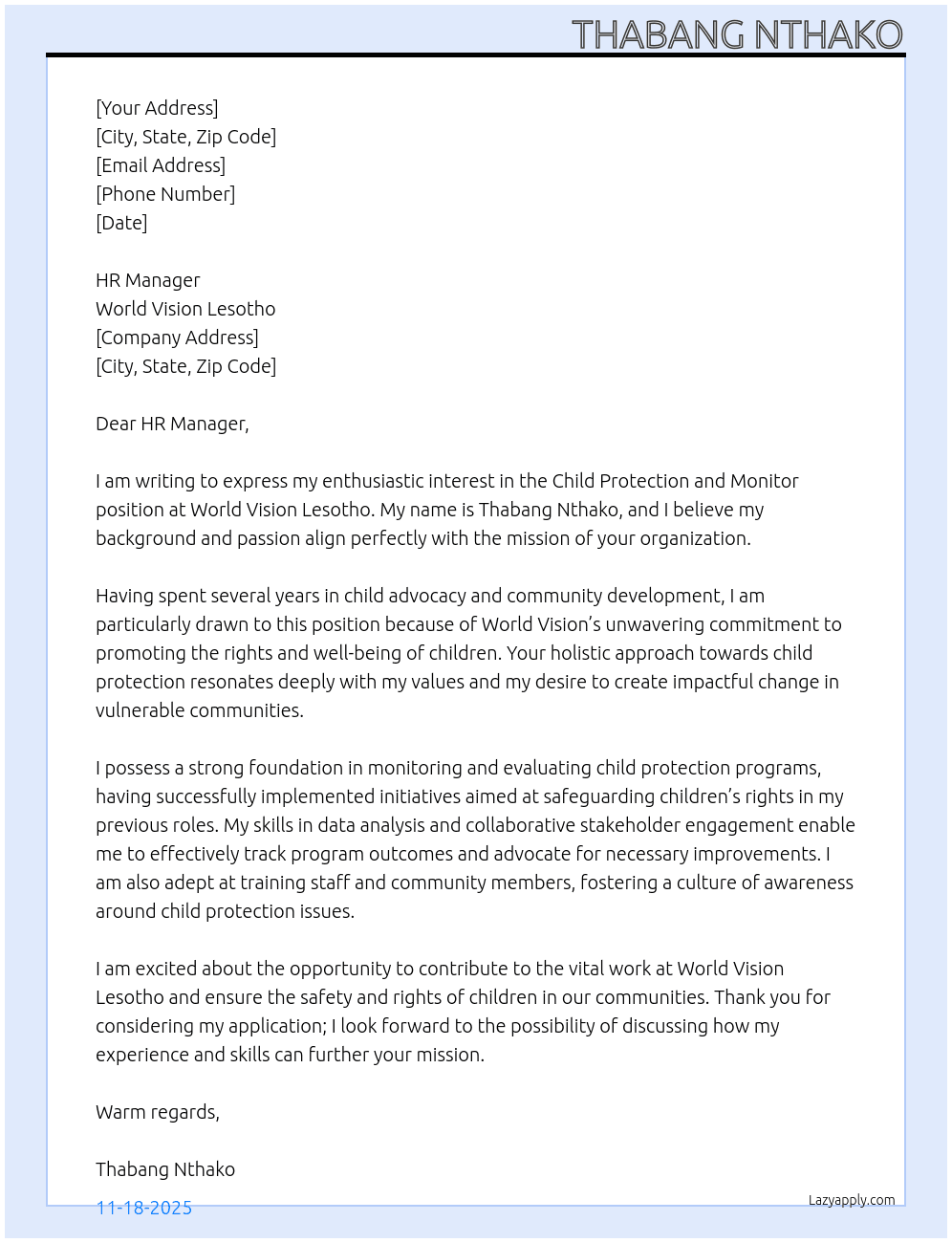 Child protection and monitor At World Vision Lesotho Cover Letter