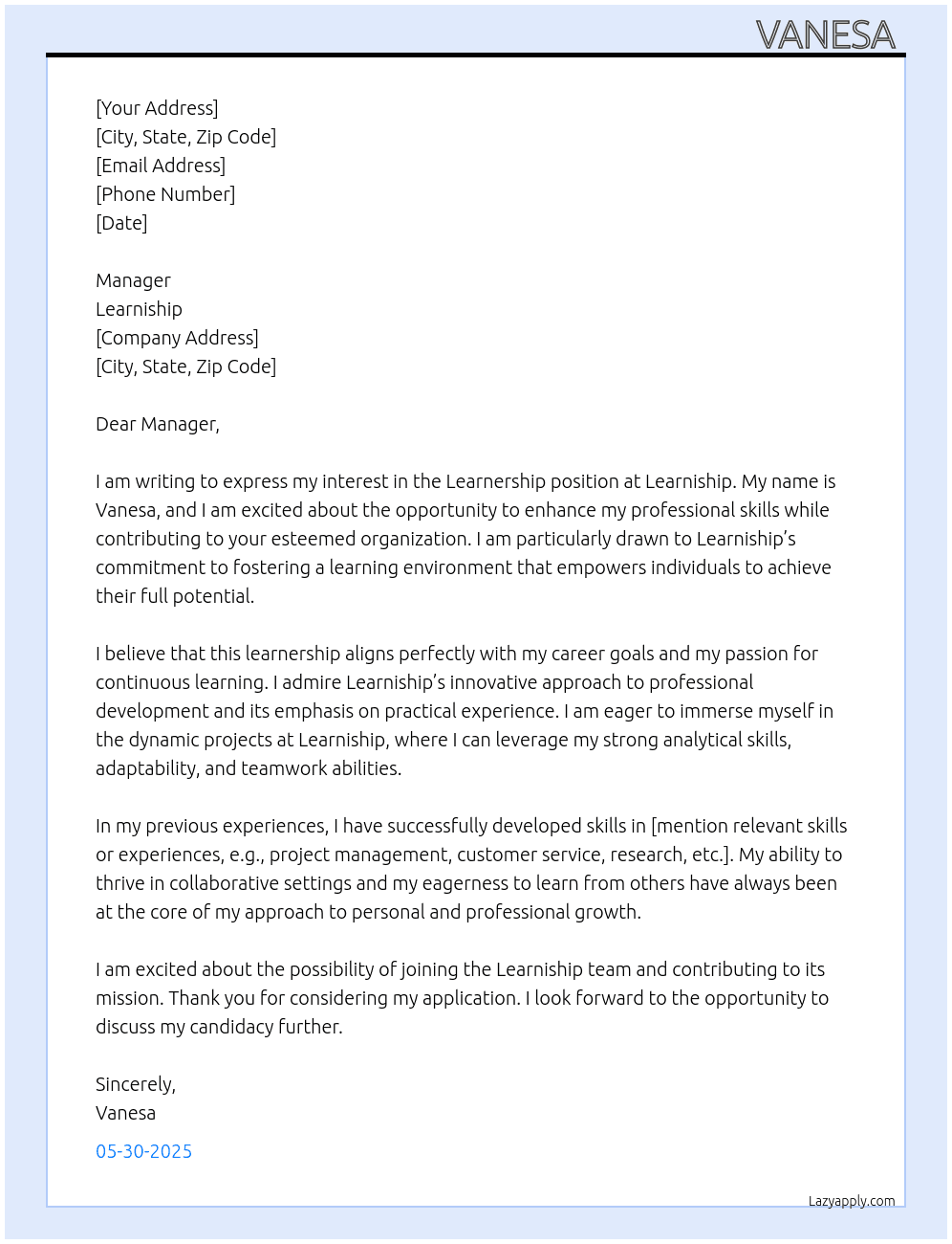Learnership At Learniship Cover Letter