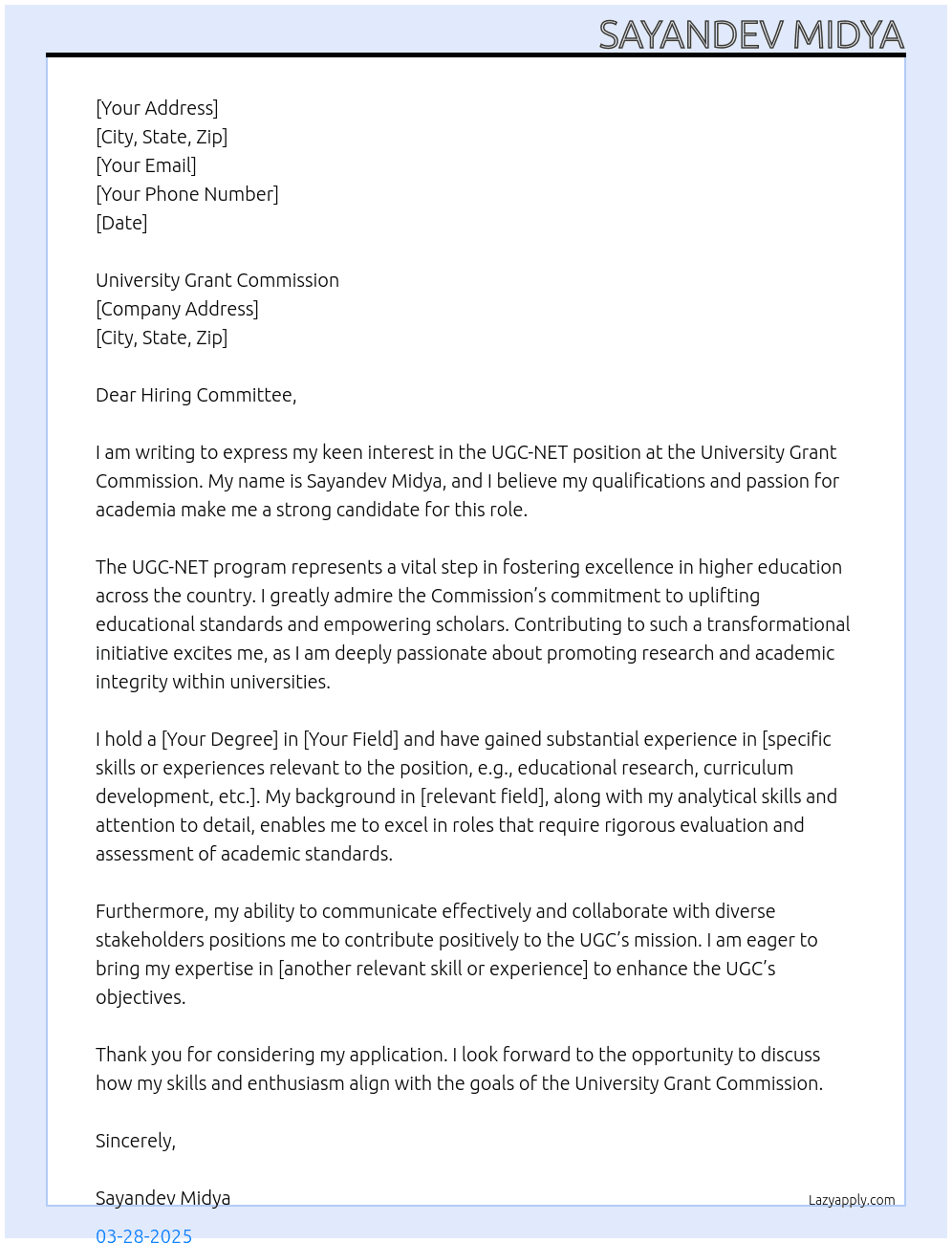 UGC-NET At UGC Cover Letter