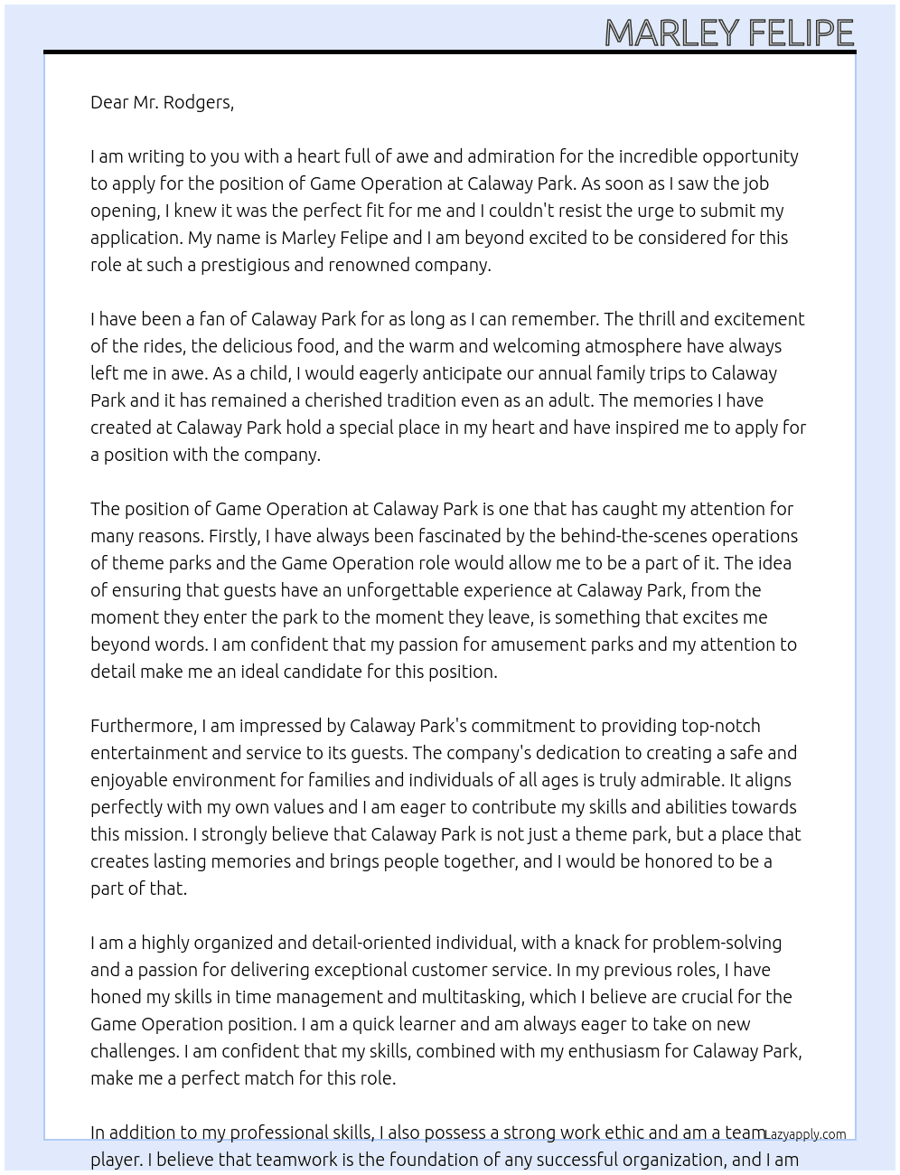 Game Operation At Calaway Park Cover Letter