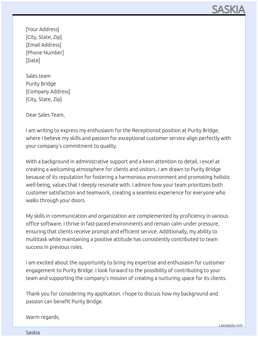 Receptionist  At Purity Bridge  Cover Letter